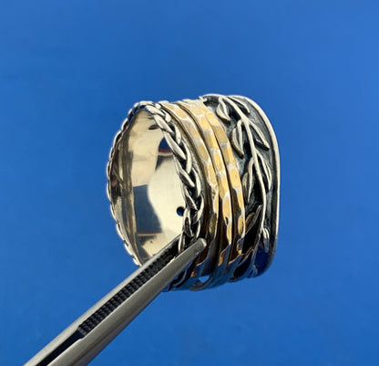 PAZ Creations PZ Sterling Silver Blue Topaz Two Toned 3 Spinner Wide Band Ring