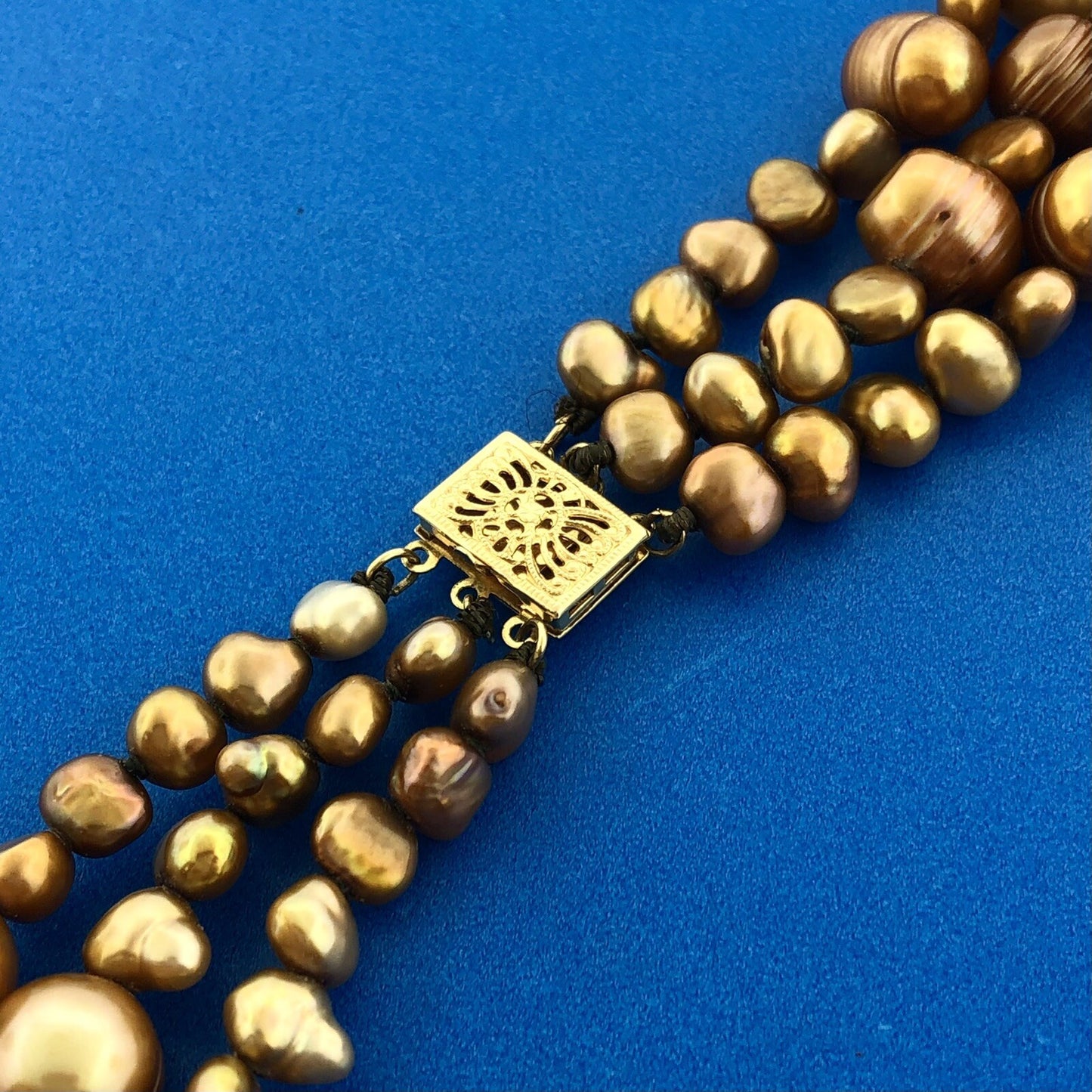 PJS 14K Yellow Gold Bronze Copper Pearl 3 Tier Drop Statement Necklace