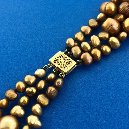 PJS 14K Yellow Gold Bronze Copper Pearl 3 Tier Drop Statement Necklace