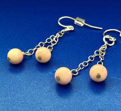 Designer Sterling Silver 925 Pink Coral Ball Bead Drop Dangle Earrings
