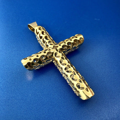 Statement 10K Yellow Gold Cubic Zirconia Encrusted Cross Religious Pendant