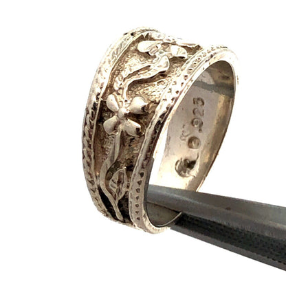 Designer 925 Sterling Silver Floral Detailed Stackable Tapered Wide Band Ring
