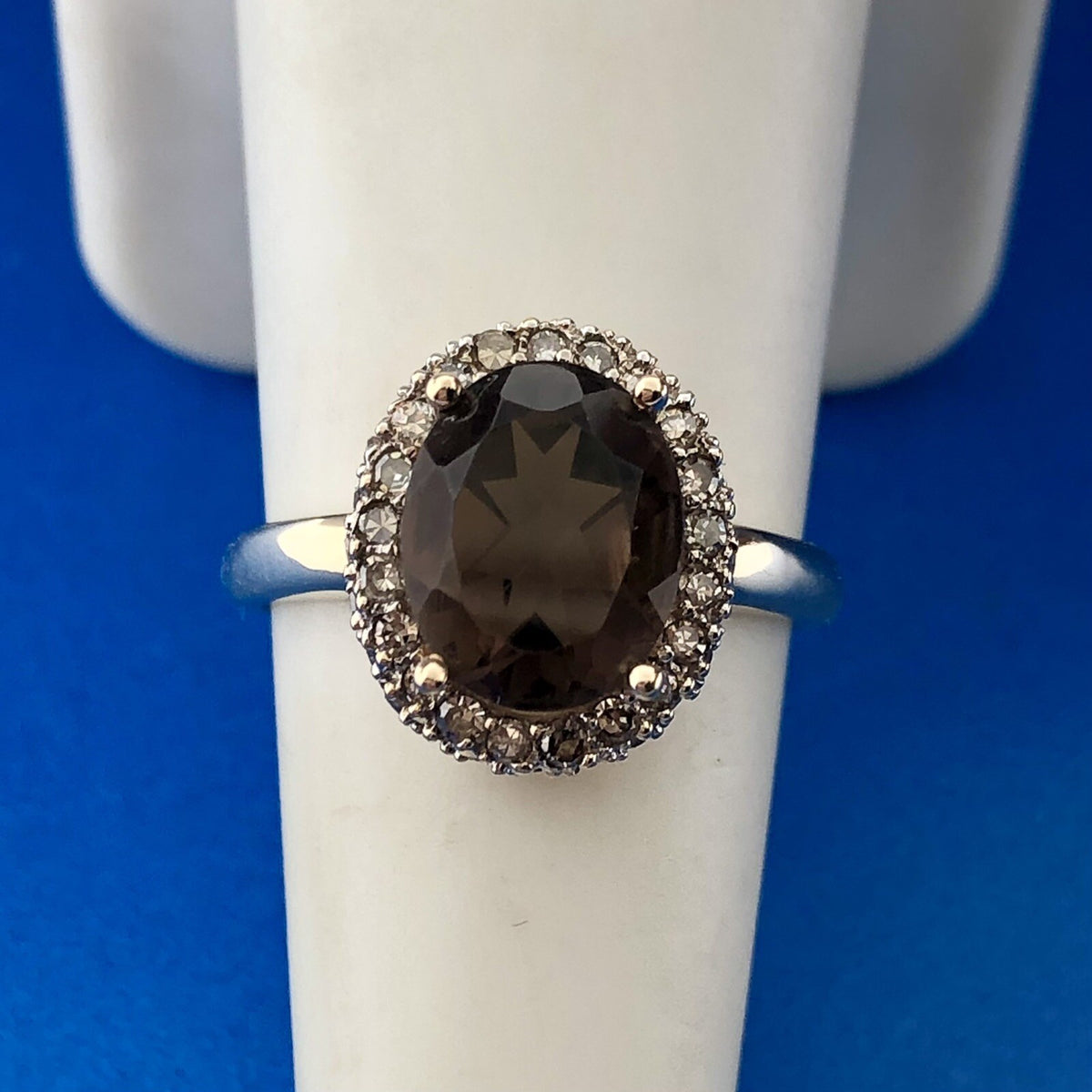 Retro Designer 14K Yellow Gold Oval Smoky Quartz Diamond Halo Cocktail Ring