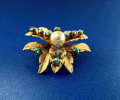 Vintage 14K Yellow Gold Pearl Turquoise Leaf Design Statement Clip Earrings