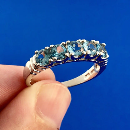 Vintage FAS Sterling Silver Blue Topaz 5 Stone December Anniversary Wedding Band