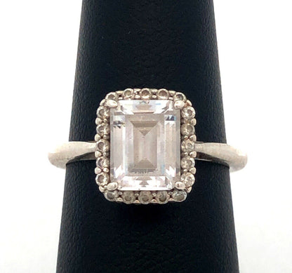 Sterling Silver Emerald Cubic Zirconia Halo Solitaire Engagement Ring