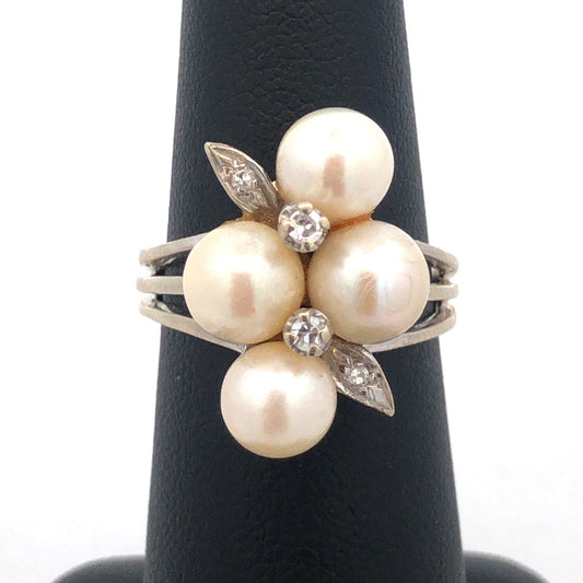 14K White Gold Pearl Diamond Cluster Bridal Anniversary Birthday Cocktail Ring