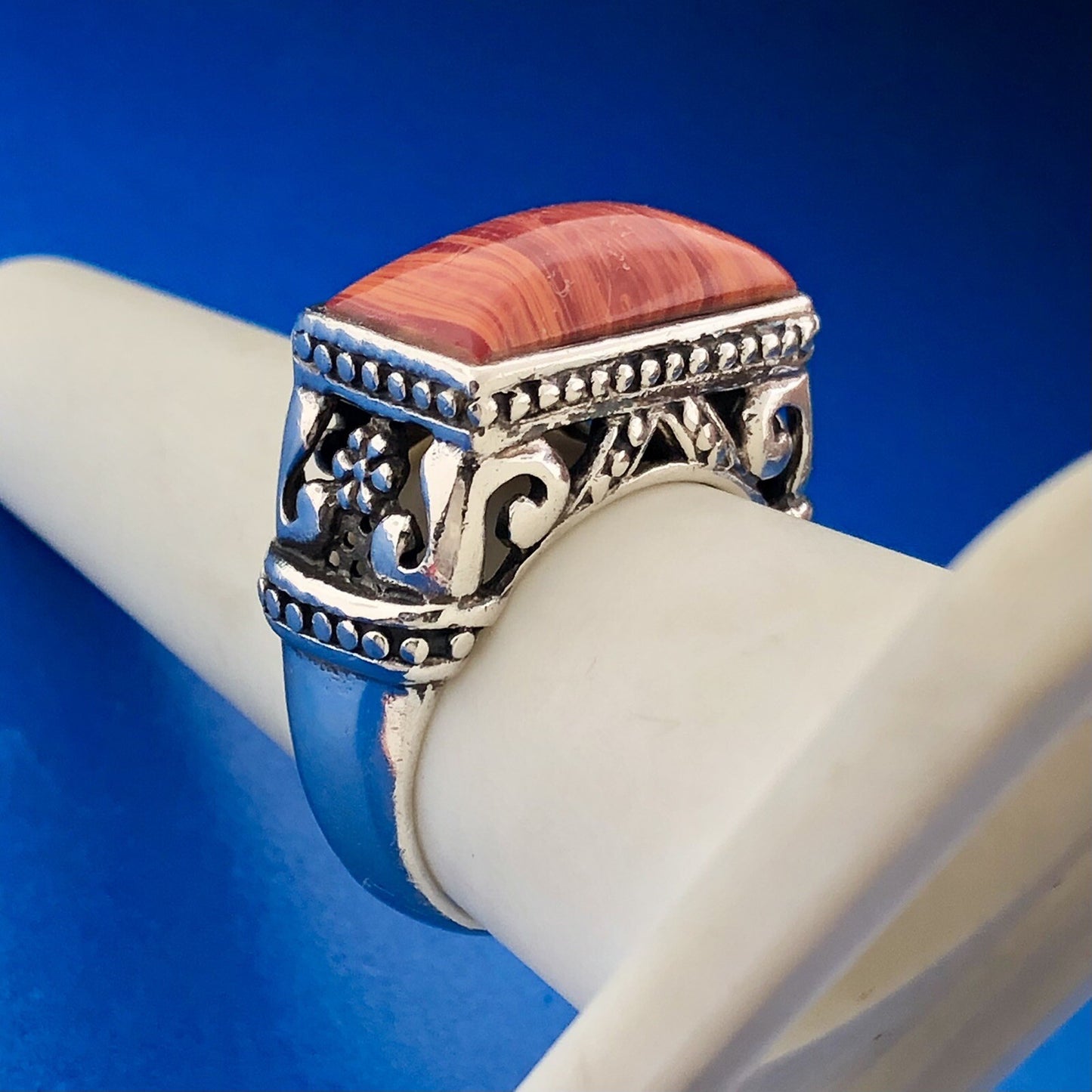 Sterling Silver 925 Red Banded Jasper Scroll Bead Work Statement Bar Dome Ring