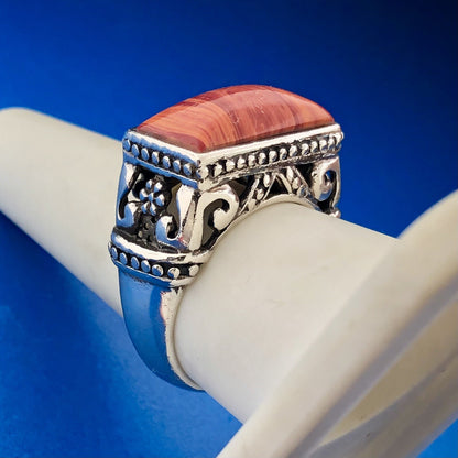 Sterling Silver 925 Red Banded Jasper Scroll Bead Work Statement Bar Dome Ring