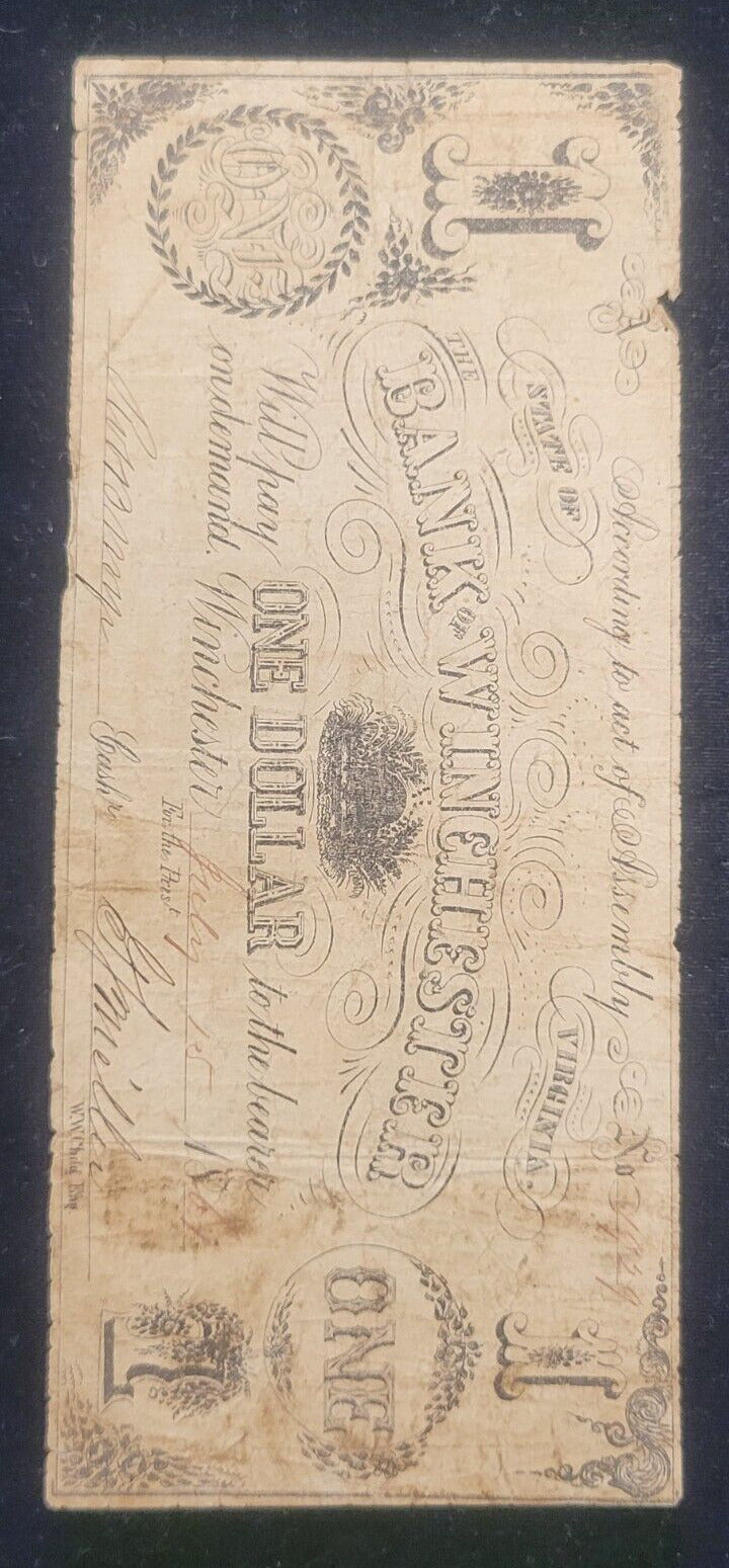 1861 $1 Bank of Winchester, Virginia Rare Obsolete Currency Paper Bank Note