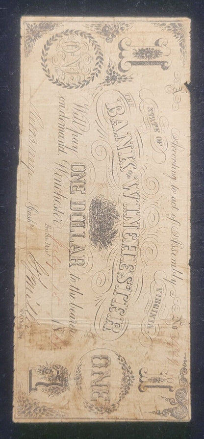 1861 $1 Bank of Winchester, Virginia Rare Obsolete Currency Paper Bank Note