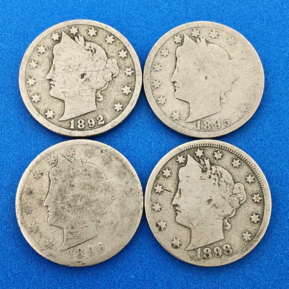 1892 95 96 98 Liberty Head Nickel Five Cents 5c Better Mixed Date Four Coin Lot