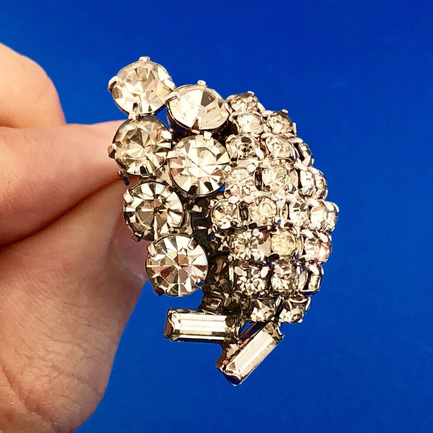 Retro Haute Couture Silver Tone Rhinestone Grape Cluster Statement Clip Earrings