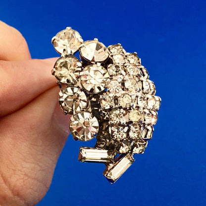 Retro Haute Couture Silver Tone Rhinestone Grape Cluster Statement Clip Earrings