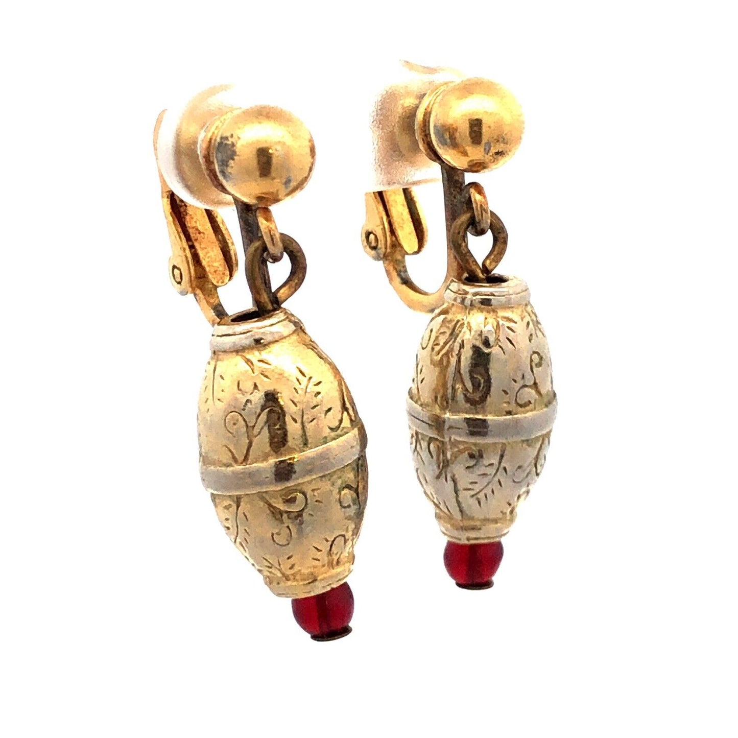 Mid Century Napier Gold Tone Red Bead Floral Scroll Drop Dangle Clip Earrings