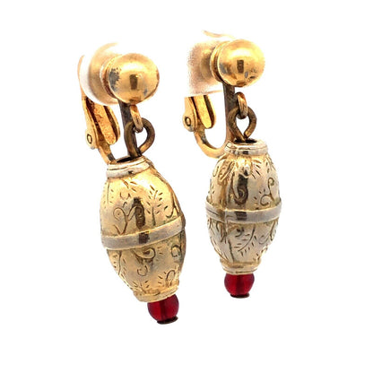 Mid Century Napier Gold Tone Red Bead Floral Scroll Drop Dangle Clip Earrings