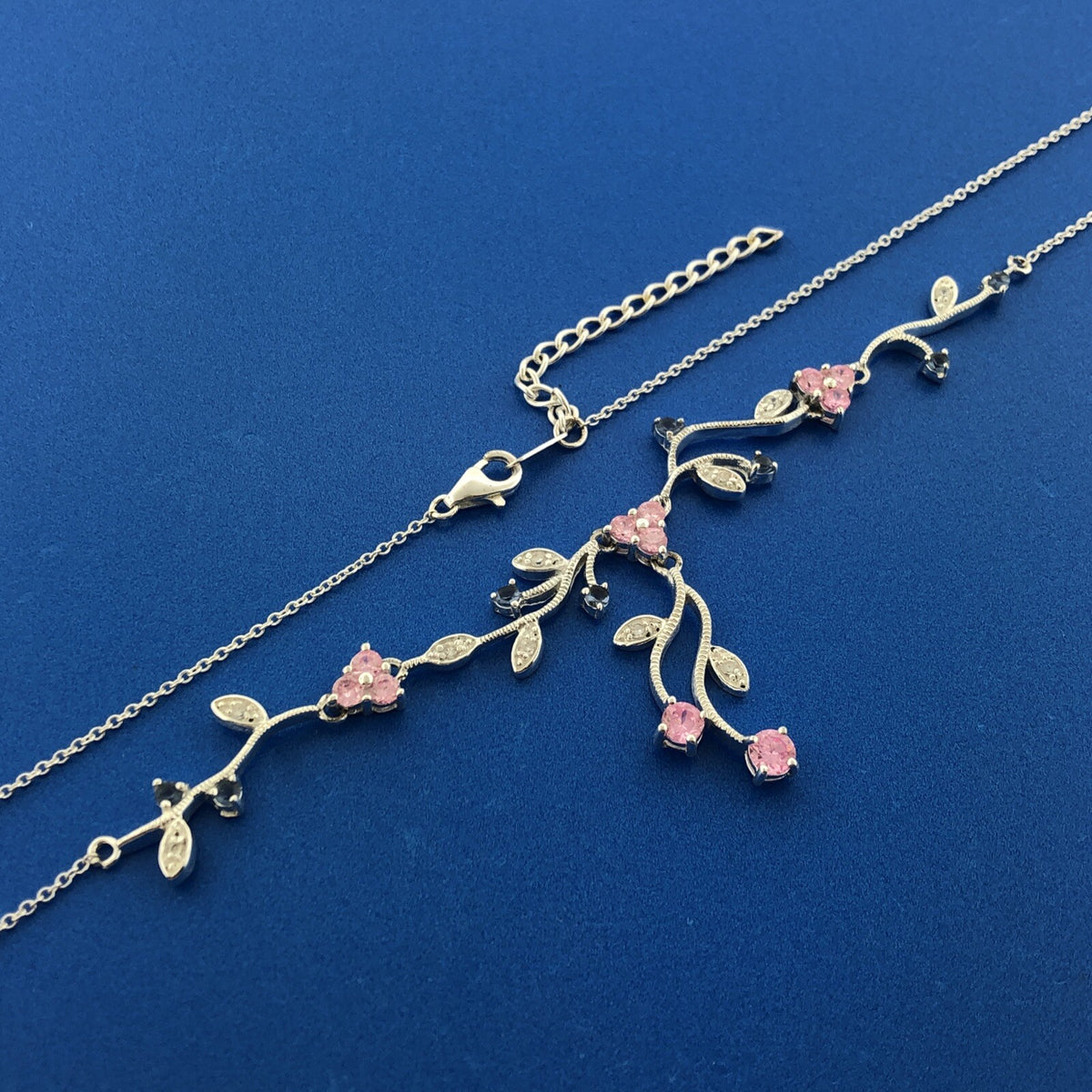 Exquisite Sterling Silver 925 Blue Pink White CZ Floral Scroll Drop Necklace