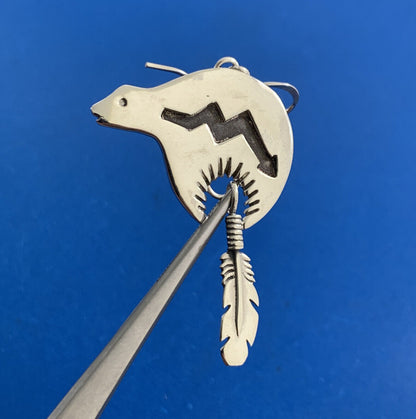 Native American Sterling Silver Concho Bear Feather Drop Storyteller Earrings