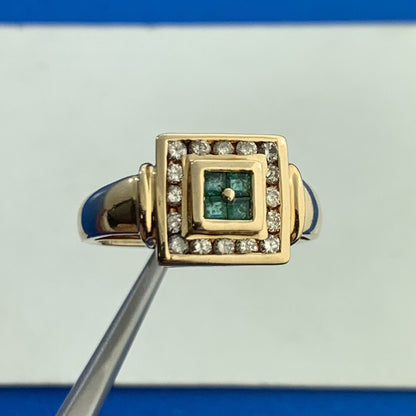 Designer 14K Yellow Gold Princess Quad Emerald Channel Set and Diamond Halo Ring