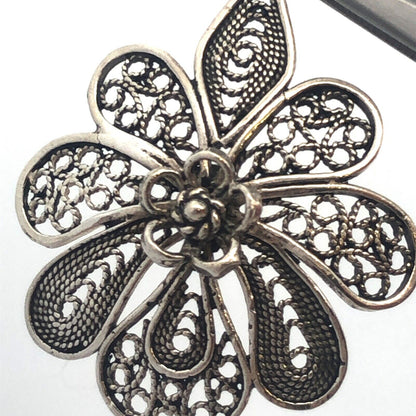 Vintage 925 Sterling Silver Filigree Detail Flower Statement Pendant
