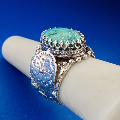 925 Sterling Silver Oval Turquoise Cabochon Romanesque Statement Ring