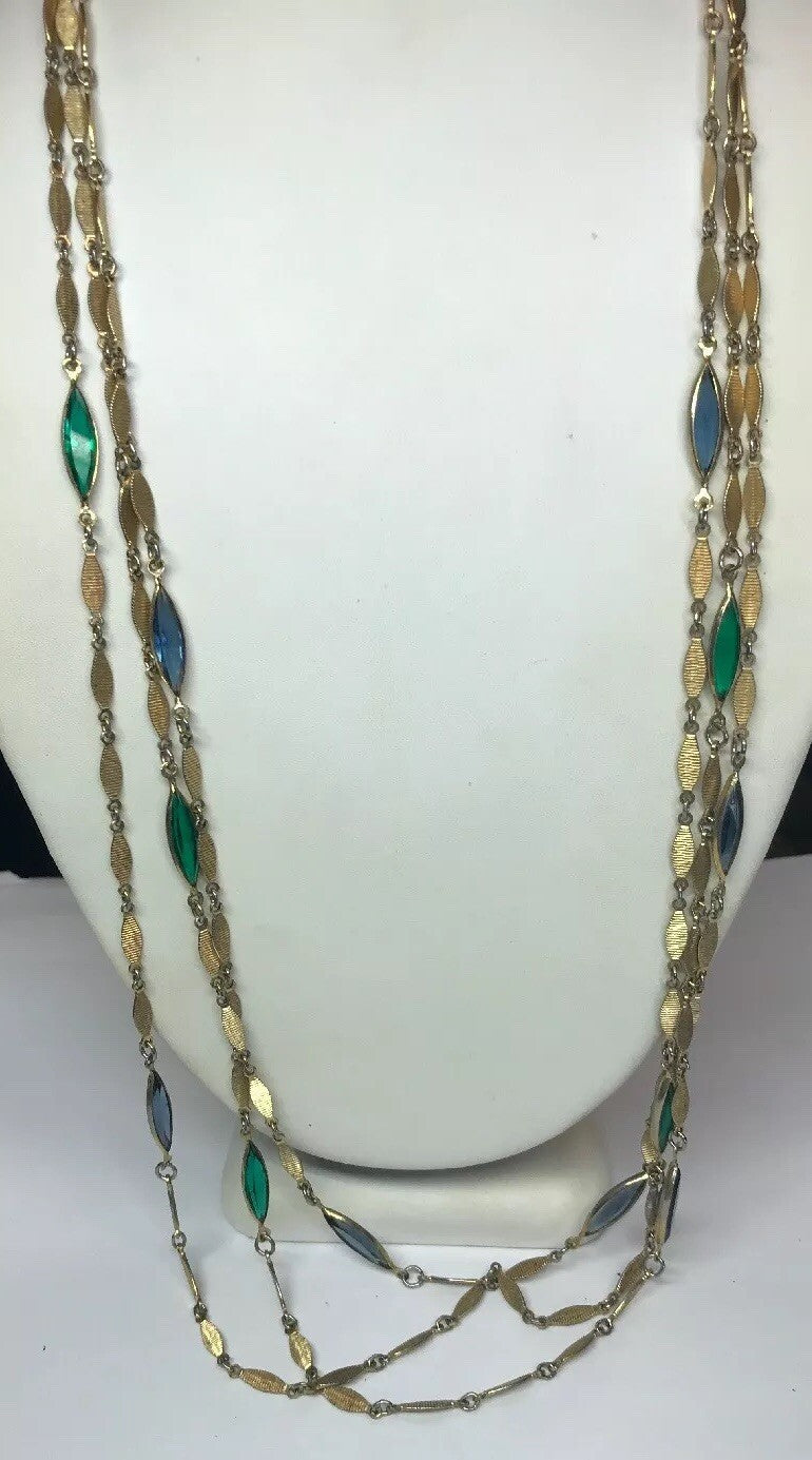 Vintage Gold Tone Blue Green Glass Bead Three Strand Graduated Drop Necklace