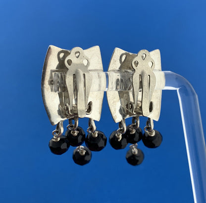 Designer Barse 925 Sterling Silver Black Onyx Cabochon Beaded Clip-On Earrings