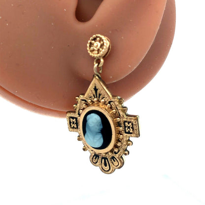 Victorian 14K And Gold Filled Black & White Cameo Enamel Dangle Stud Earrings