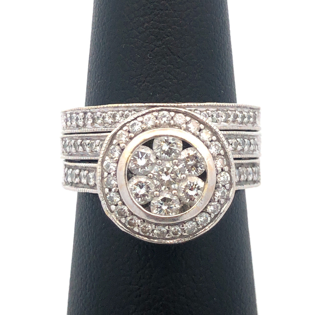 Designer 18K White Gold Diamond Floral Cluster Halo Accent 3 Ring Bridal Set