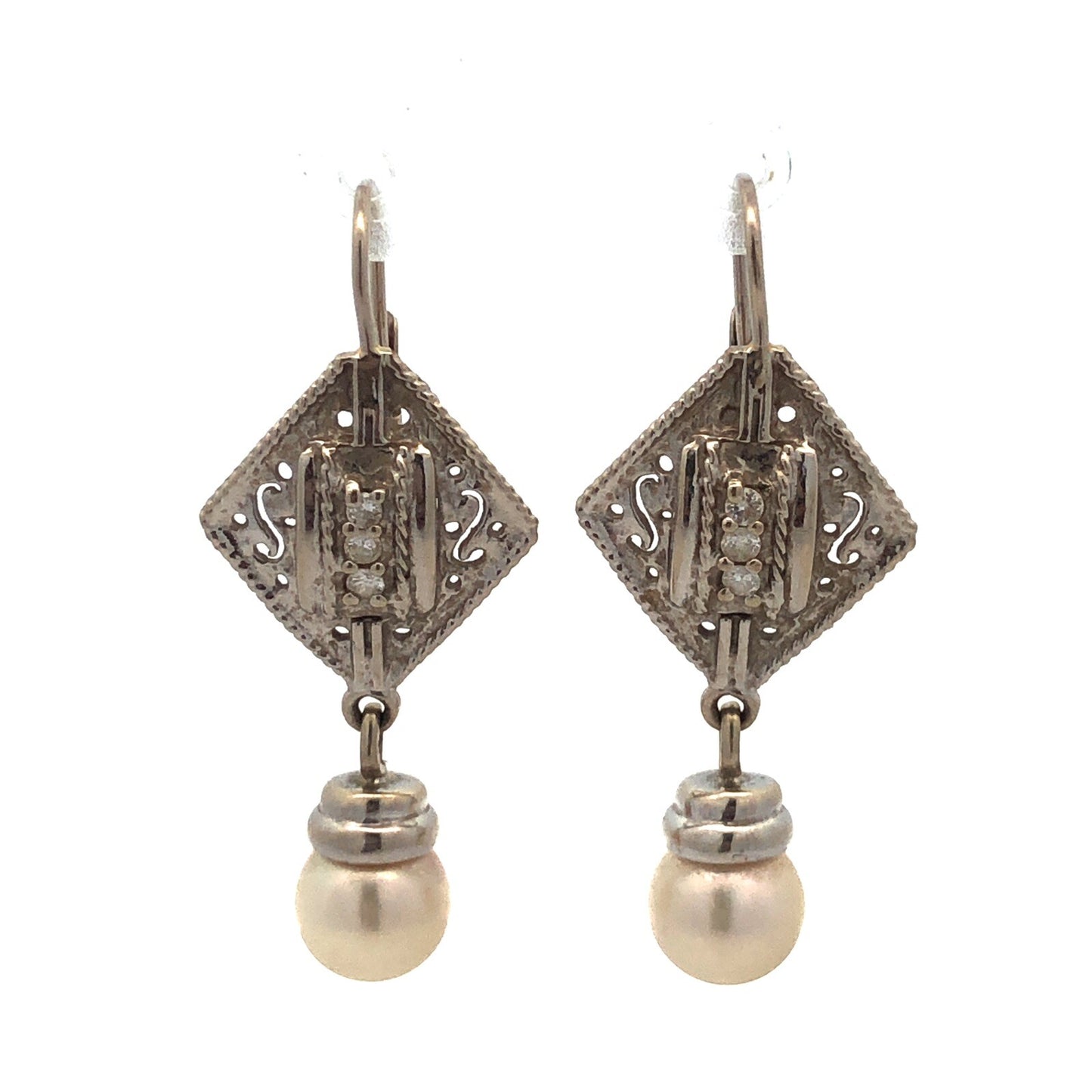 Art Deco 14K White Gold Pearl Diamond Filigree Drop Dangle French Hook Earrings