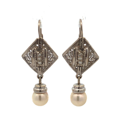 Art Deco 14K White Gold Pearl Diamond Filigree Drop Dangle French Hook Earrings