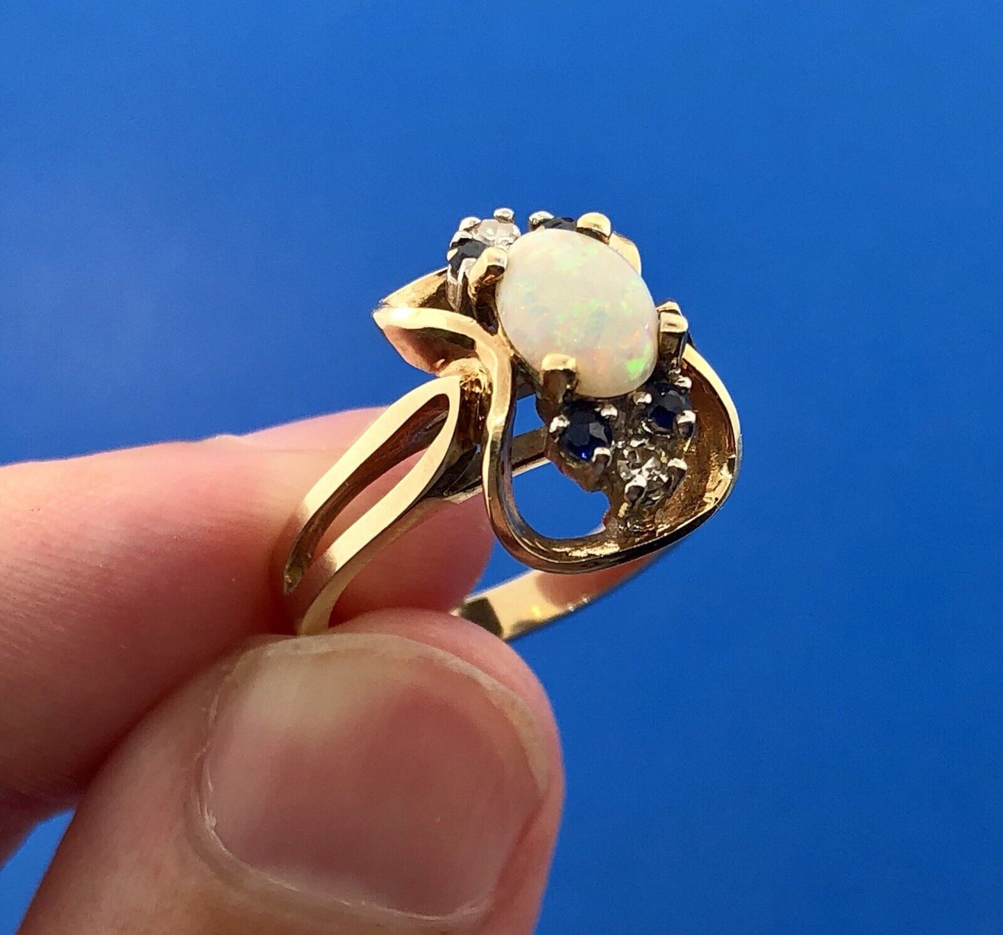 Retro 14K Yellow Gold Diamond Sapphire Opal Modernist Free Form Cocktail Ring