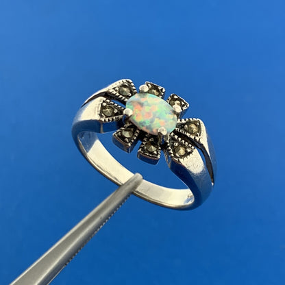 Designer CII Mexico Sterling Silver 925 Opal Marcasite Flower Design Ring