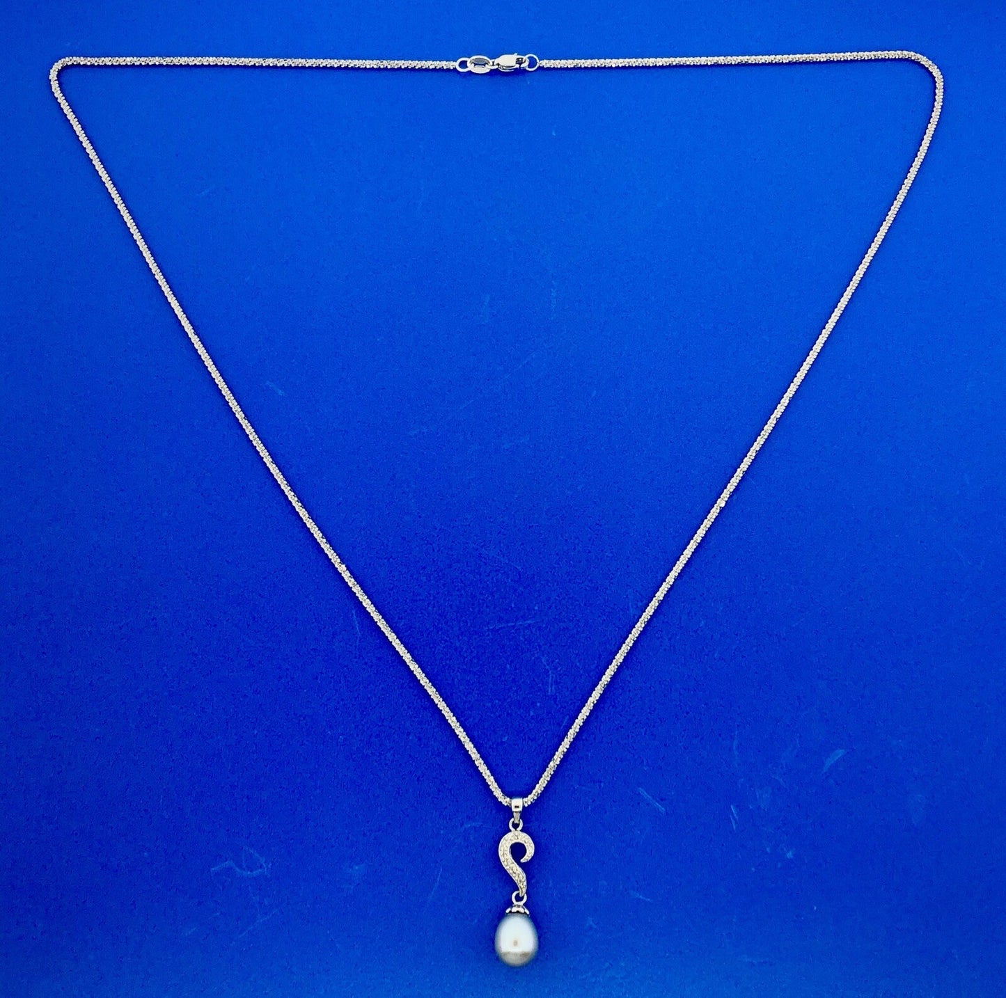 Retro 14K White Gold Gray Pearl Diamond Wedding Anniversary Sweetheart Necklace