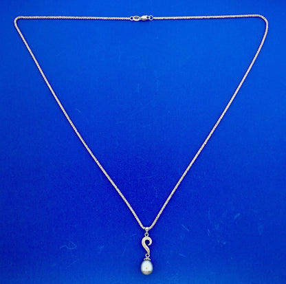 Retro 14K White Gold Gray Pearl Diamond Wedding Anniversary Sweetheart Necklace
