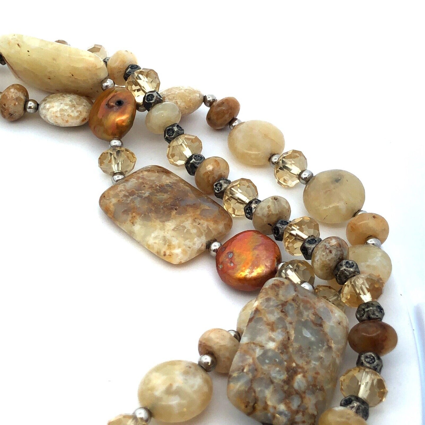 Vintage Silver Tone Polished Agate Pearl Crystal Beaded Necklace Earring Set