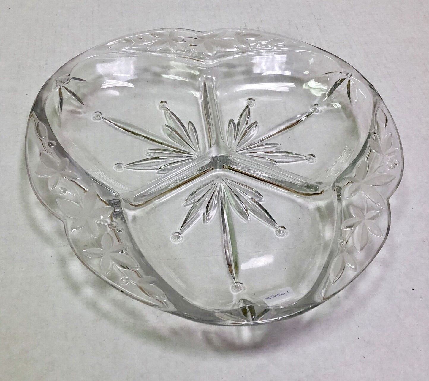 Vintage Quality Three Divided Frosted Etched Floral Scroll Relish Serving Dish