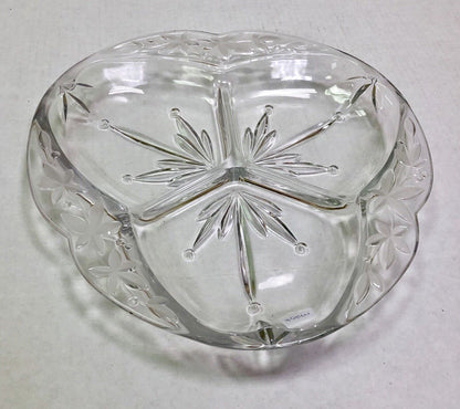 Vintage Quality Three Divided Frosted Etched Floral Scroll Relish Serving Dish