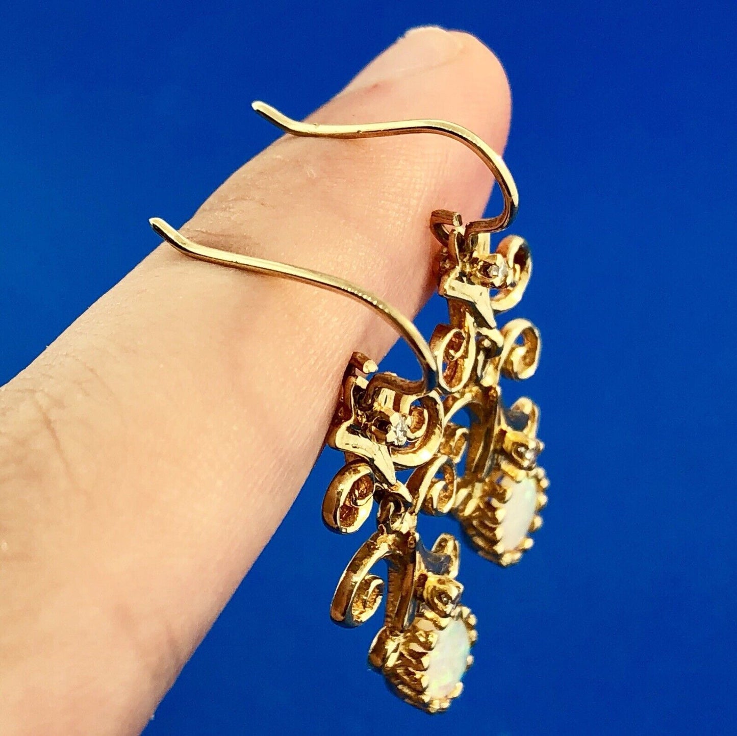 Art Deco Art Nouveau 14K Yellow Gold Opal Diamond Scroll Drop Dangle Earrings