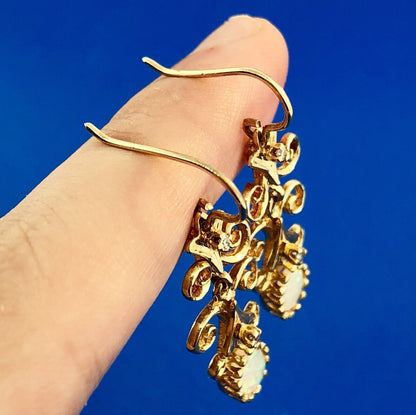 Art Deco Art Nouveau 14K Yellow Gold Opal Diamond Scroll Drop Dangle Earrings