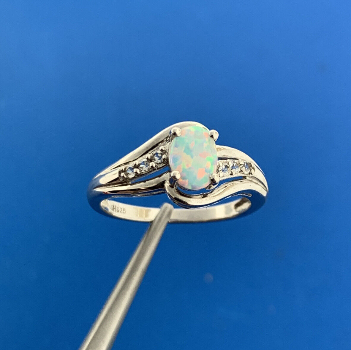 Designer Sterling Silver Oval Opal Cabochon White Topaz Accented Cocktail Ring
