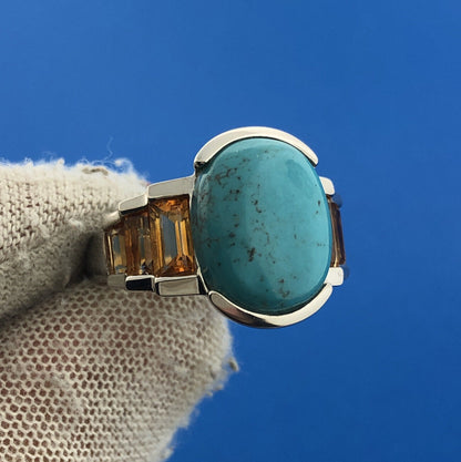 Stunning Sterling Silver 925 Oval Turquoise Cut Baguette Citrine Ring Size 6