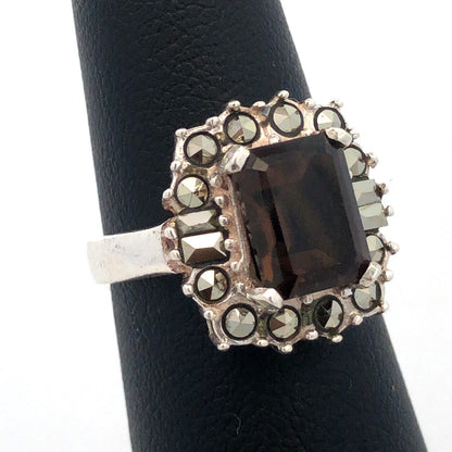 Designer 925 Sterling Silver Emerald Cut Smoky Quartz Hematite Halo Accent Ring