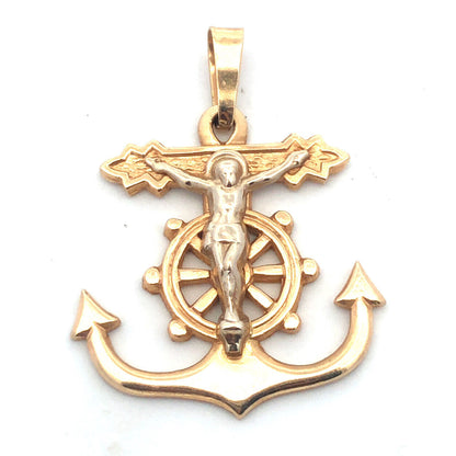 Designer 14K Yellow Gold Sailor's Crucifix Anchor Ships Wheel Charm Pendant