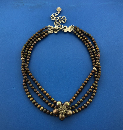 Siman Tu Haute Couture Black Pearl Crystal Triple Strand 12.5"-16" Necklace