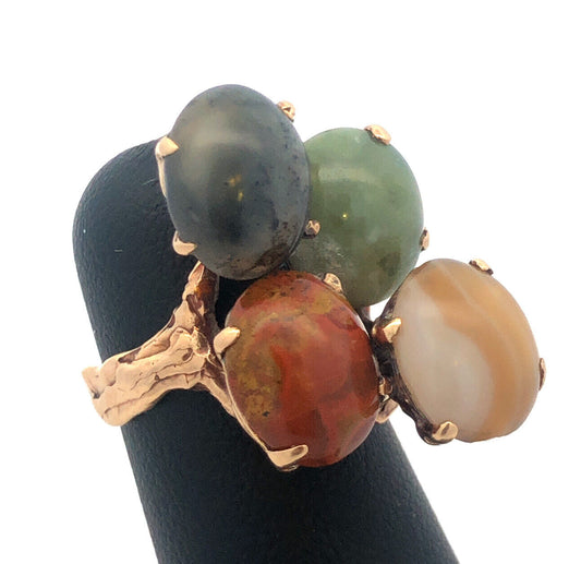 Retro Custom 14K Yellow Gold Jade Agate Jasper Protection Strength Courage Ring