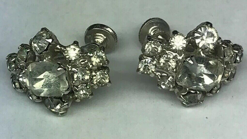 Vintage Art Deco Crystal Rhinestone Half Hoop Screw Back Clip Earrings