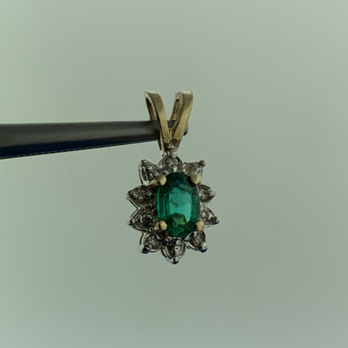 Designer 10k Yellow White Gold Oval Emerald Diamond Accented Charm Pendant