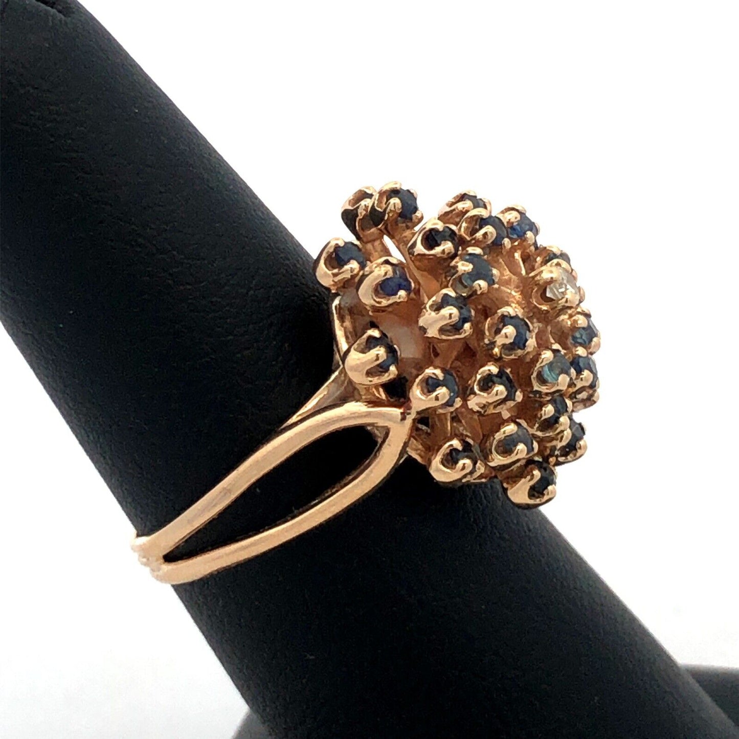 Designer HJW 14K Yellow Gold Round Sapphire Diamond Cluster Dome Cocktail Ring