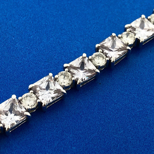 Sparkling FAS 925 Sterling Silver Amethyst Princess Rnd White CZ Tennis Bracelet